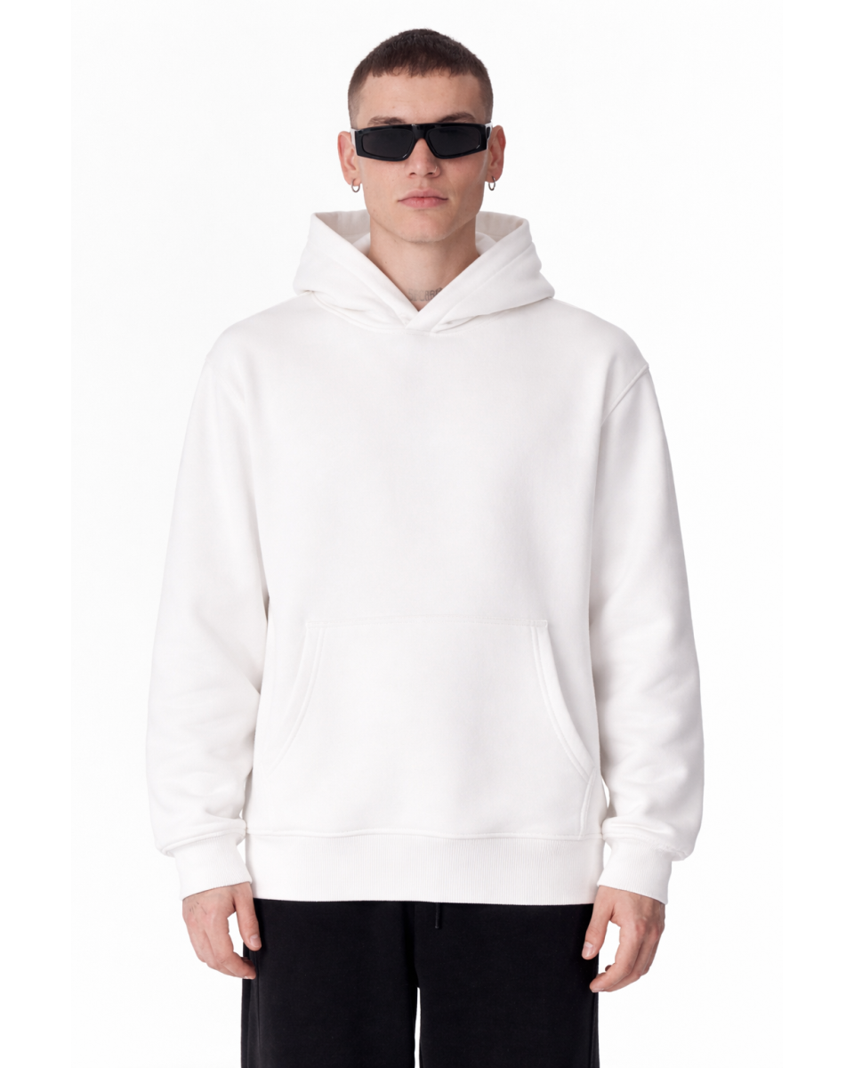 Erkek Regular Fit %100 Pamuk Beyaz Hoodie 320–500 GSM | WoxWear