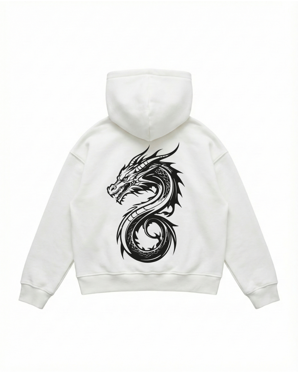 Men's Oversize White Hoodie With Dragon Print