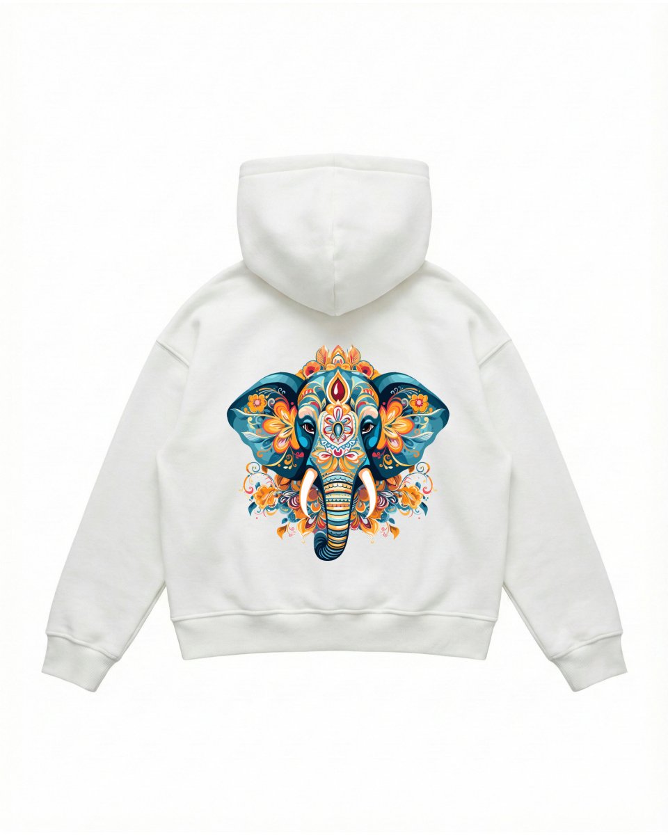 Men's Oversize White Hoodie With Colored Elephant Print