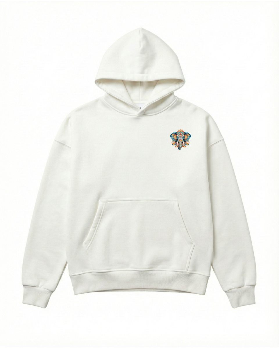 Men's Oversize White Hoodie With Colored Elephant Print 2