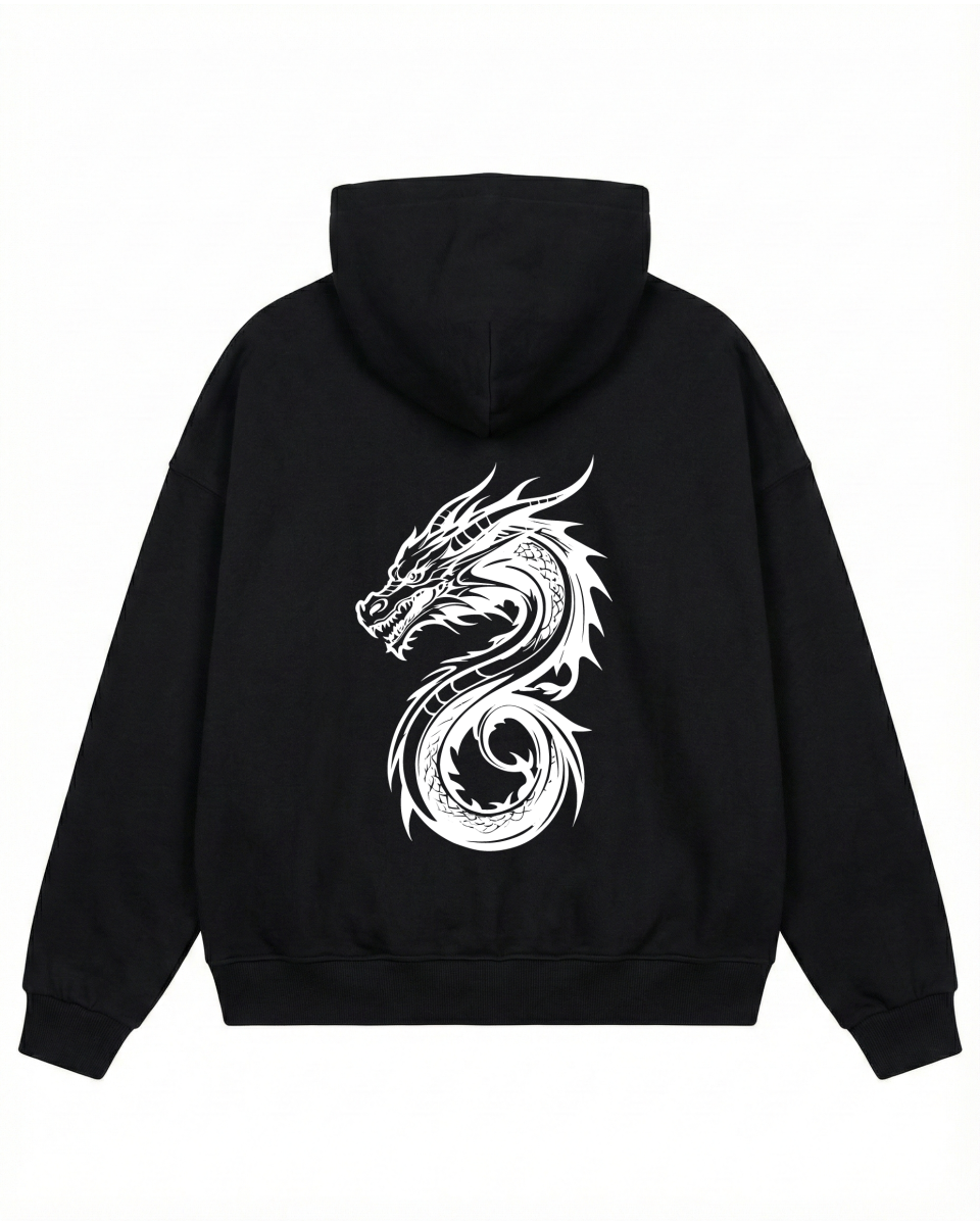 Men's Oversize Black Hoodie With Dragon Print